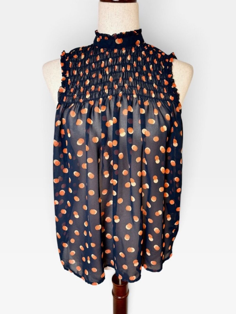 Maeve Anthropologie Darby Dots Navy Orange Smocked Blouse Size 0